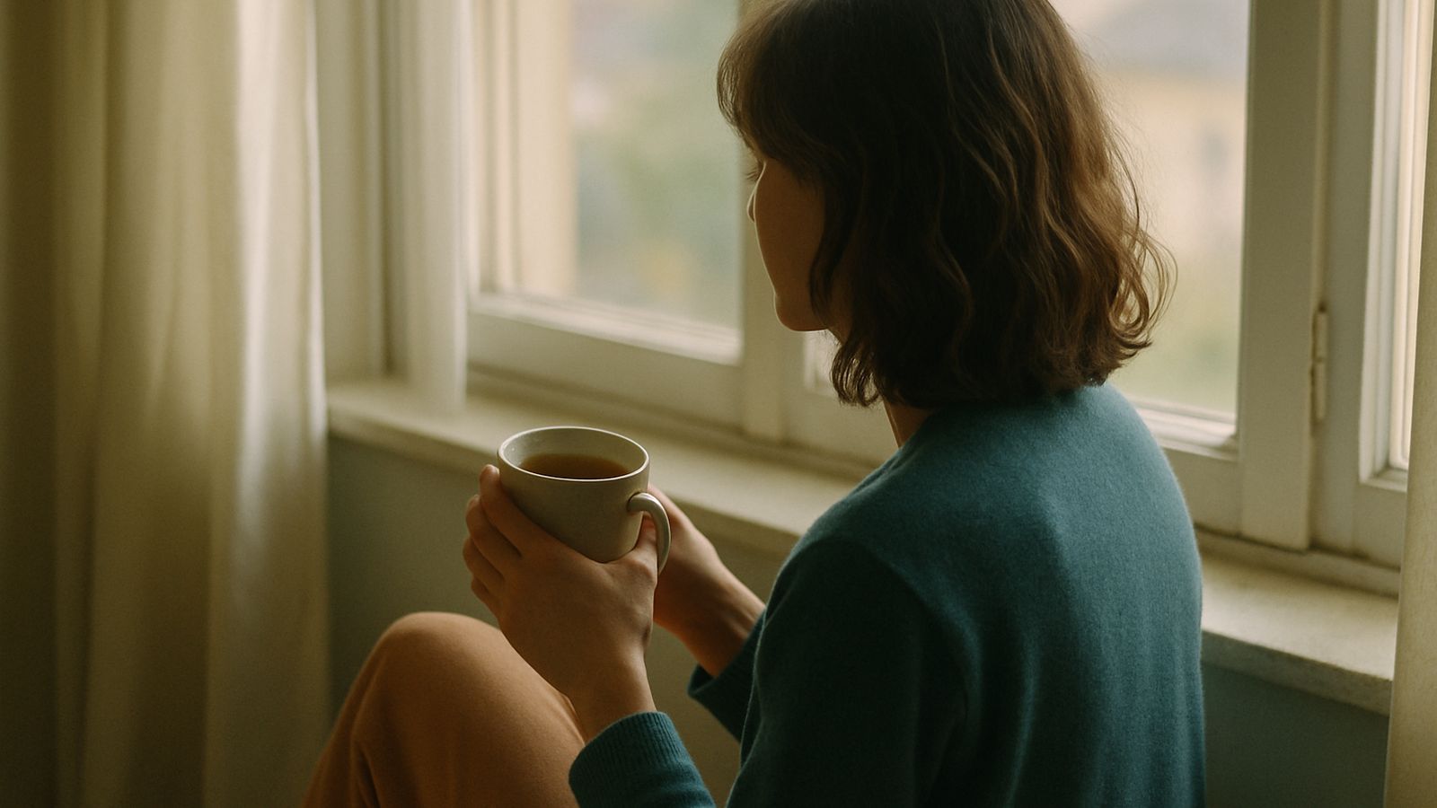 Eine Frau sitzt von der Seite gesehen am Fenster und hält in beiden Händen eine Tasse Tee, im weichen Morgenlicht.